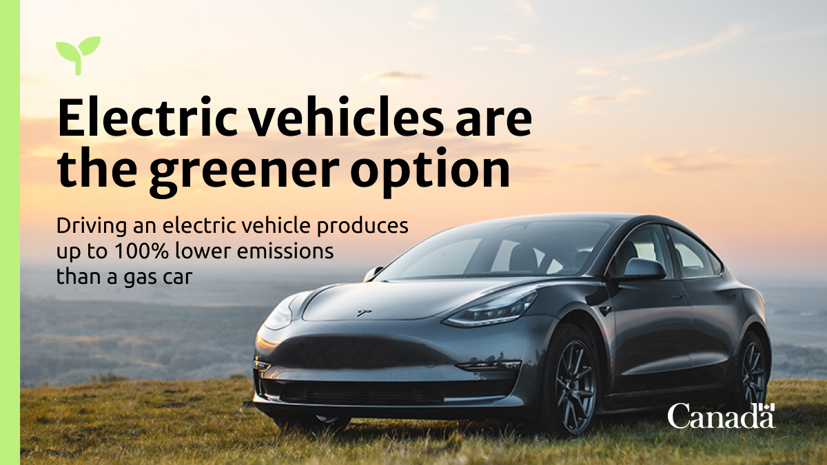 Electric car on a grassy hill. Electric vehicles are the greener option. Driving an electric vehicle produces up to 100% lower emissions than a gas car.