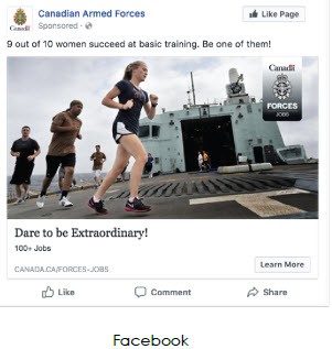 Facebook ad by the Canadian Armed Forces that shows individuals running on a ship