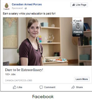 Facebook ad by the Canadian Armed Forces that shows a woman sitting in her dormitory 