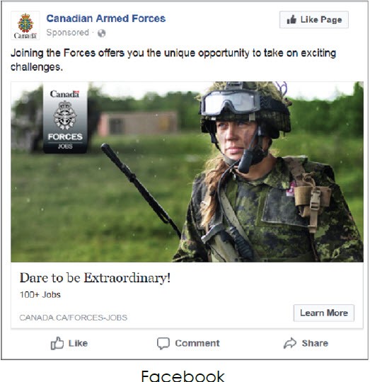 Facebook ad by the Canadian Armed Forces that shows a woman in uniform carrying a weapon  