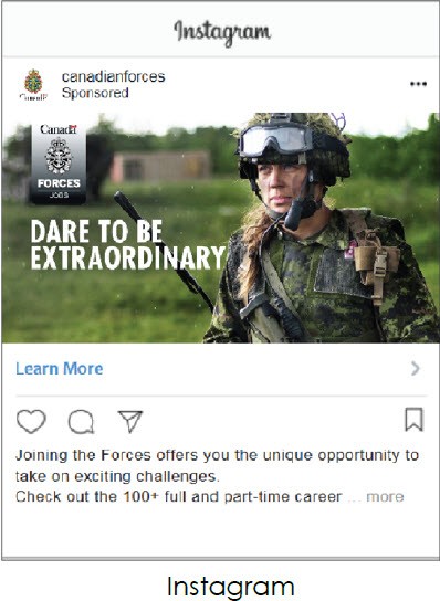 Instagram ad by the Canadian Armed Forces that shows a woman in uniform carrying a weapon 