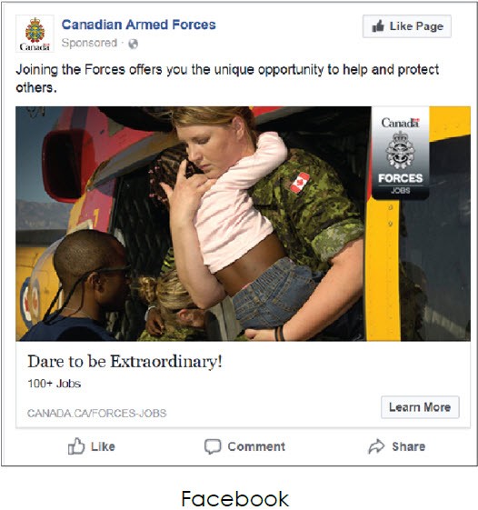 Facebook ad by the Canadian Armed Forces that shows a female soldier in a helicopter carrying a child   