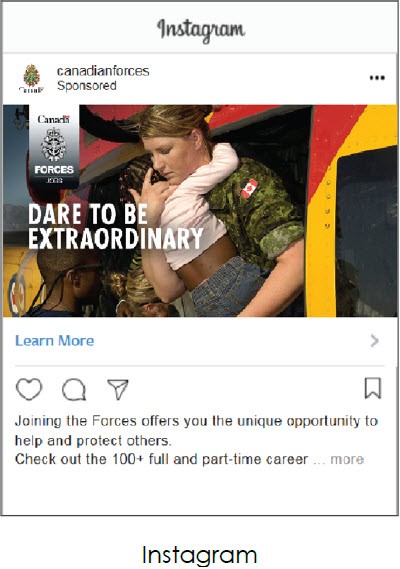 Instagram ad by the Canadian Armed Forces that shows a female soldier in a helicopter carrying a child