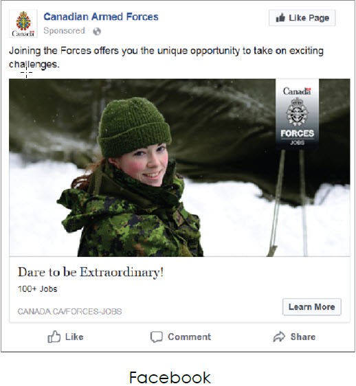Screenshot of Facebook ad by the Canadian Armed Forces that shows a woman in military uniform 