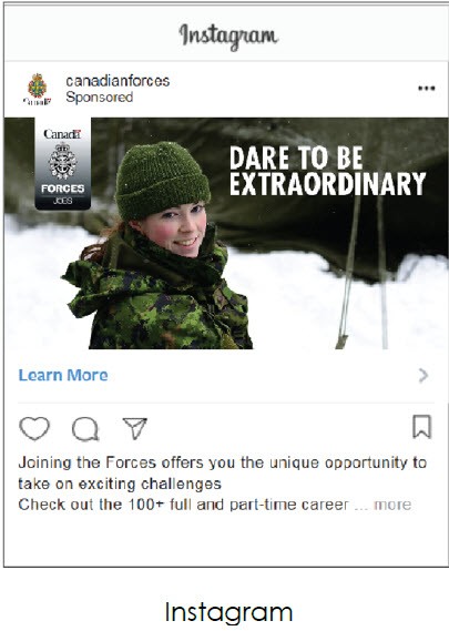 Screenshot of Instagram ad by the Canadian Armed Forces that shows a woman in military unfirom