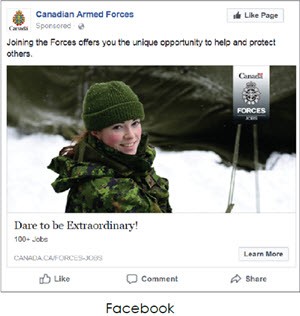 Screenshot of Facebook ad by the Canadian Armed Forces that shows a woman in military uniform