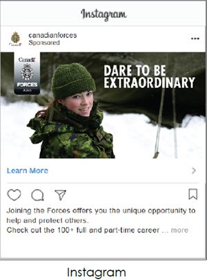 Screenshot of Instagram ad by the Canadian Armed Forces that shows a woman in military unfirom