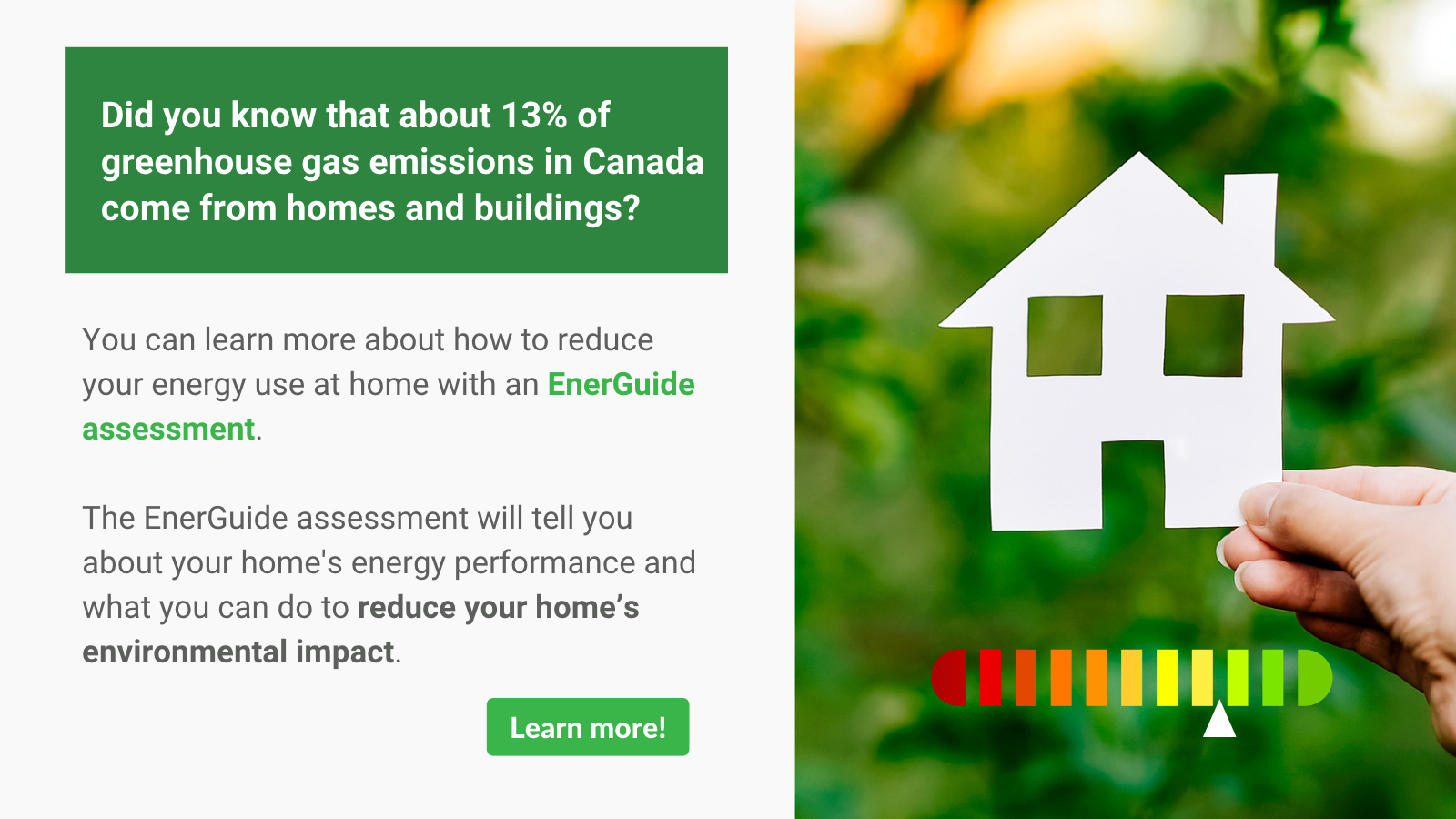graphic with paper cut-out of a house with a red to green energy label