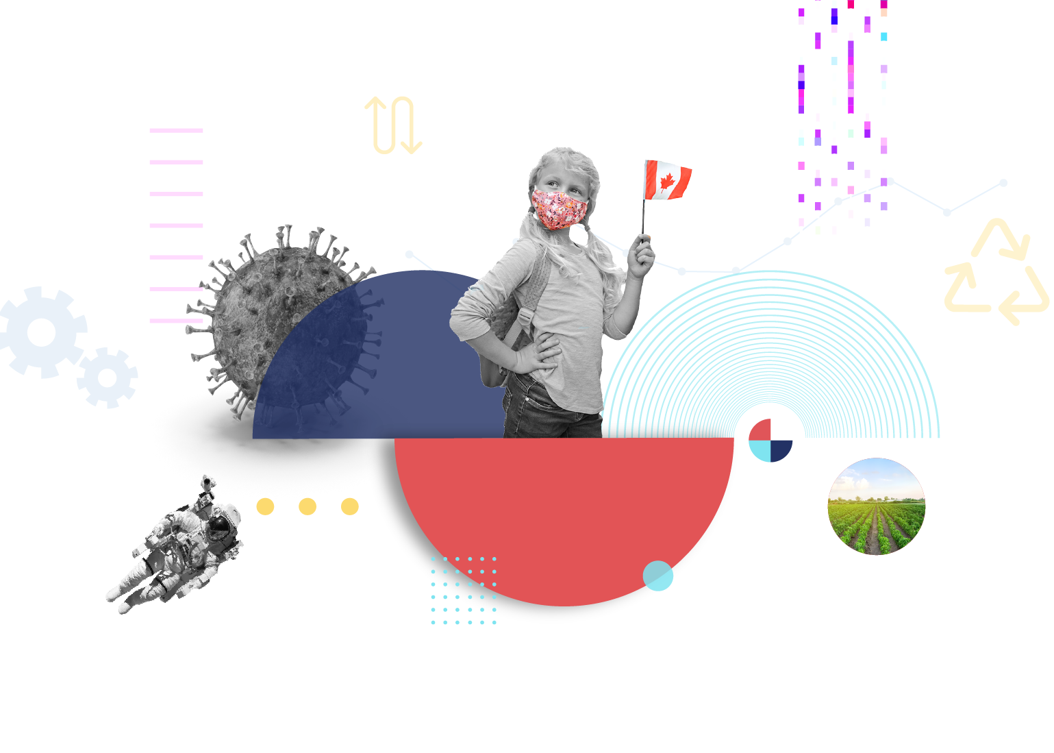 Masked girl holding a small Canada flag with a coronavirus molecule in the background, an astronaut, and small photo of a farm  
