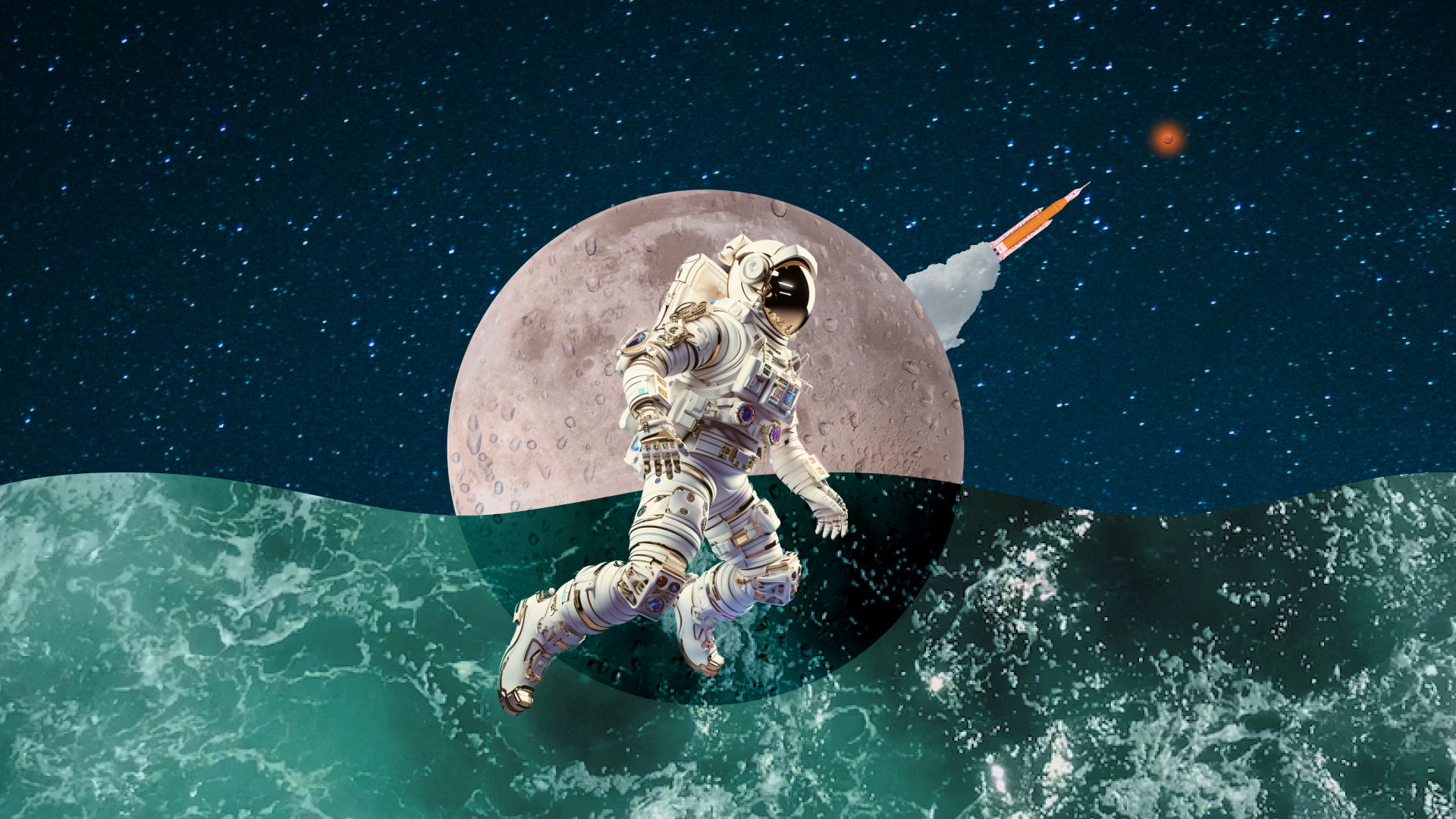Astronaut soaring in space with the Moon and body of water in the background. A rocket ship is taking off from the Moon and heading towards Mars. 