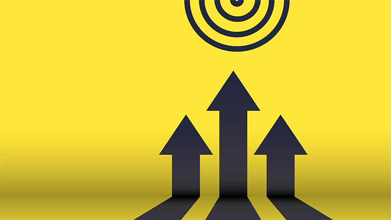 Three staggered arrows heading up towards a bulls eye target on a yellow background 