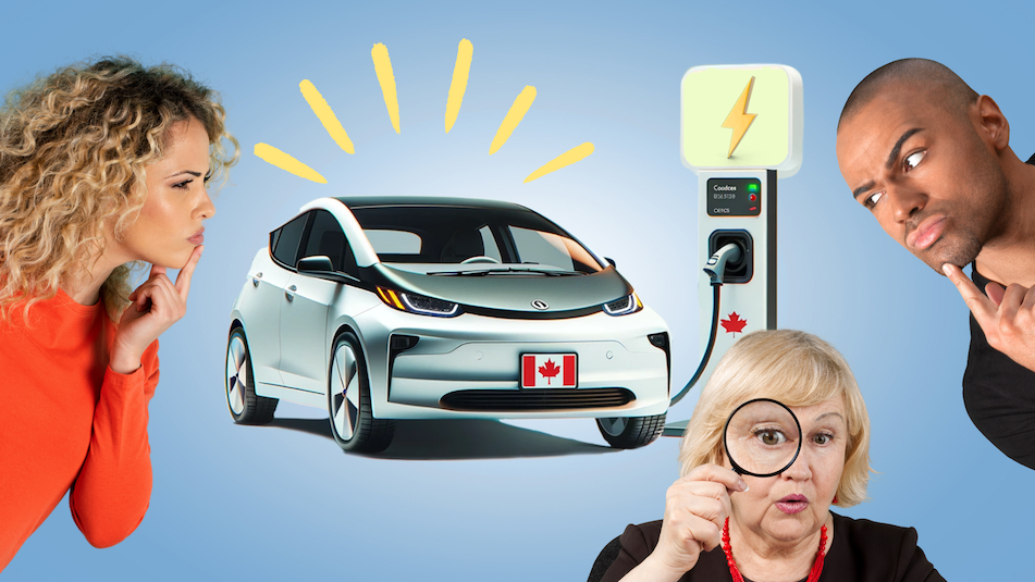 Three people looking unsure while looking at an electric car with Canadian licence plate 