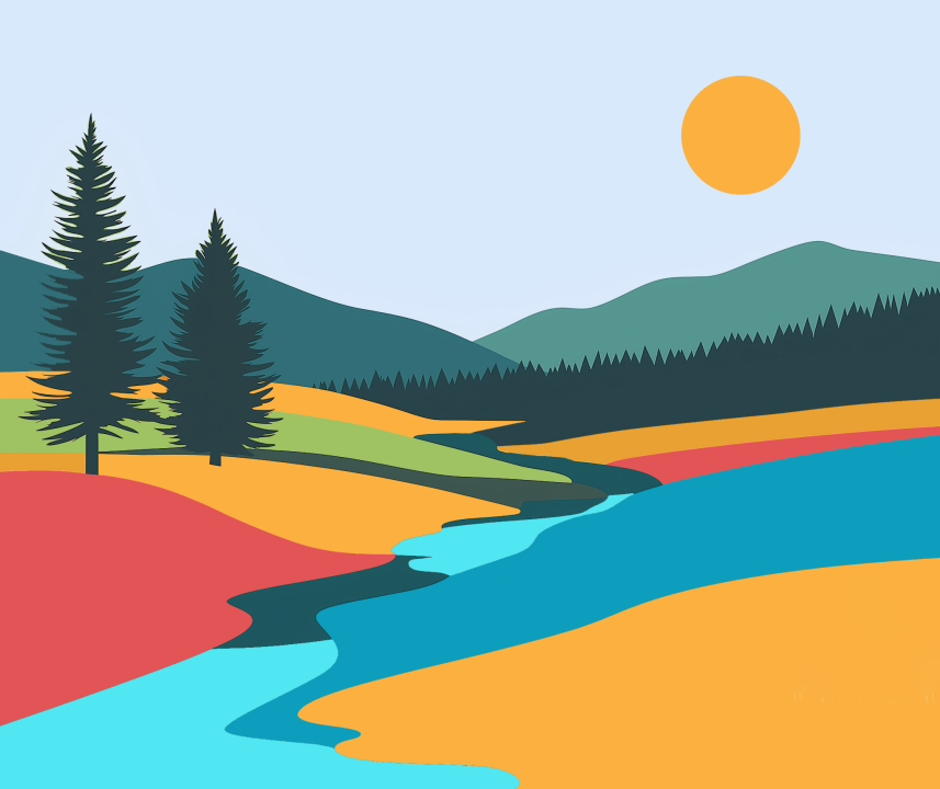 Colourful landscape with water and trees 