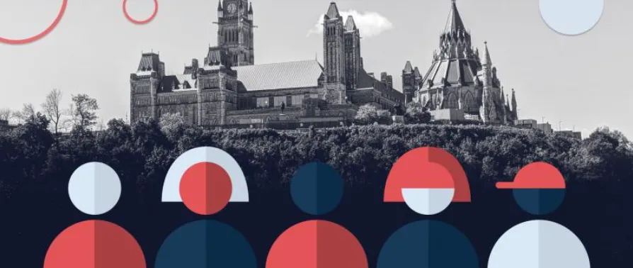 abstract graphic of people overlayed over black and white image of parliament 