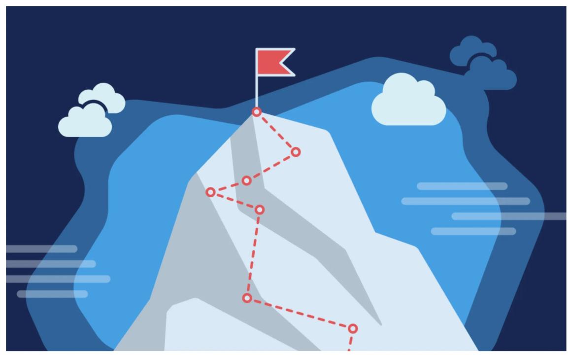 Graphic image of mountain with red flag at the top 
