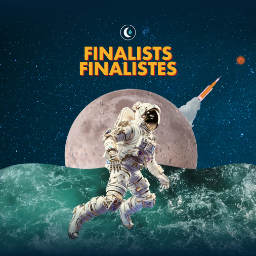 Astronaut floating in space over a body of water and the moon int he background 