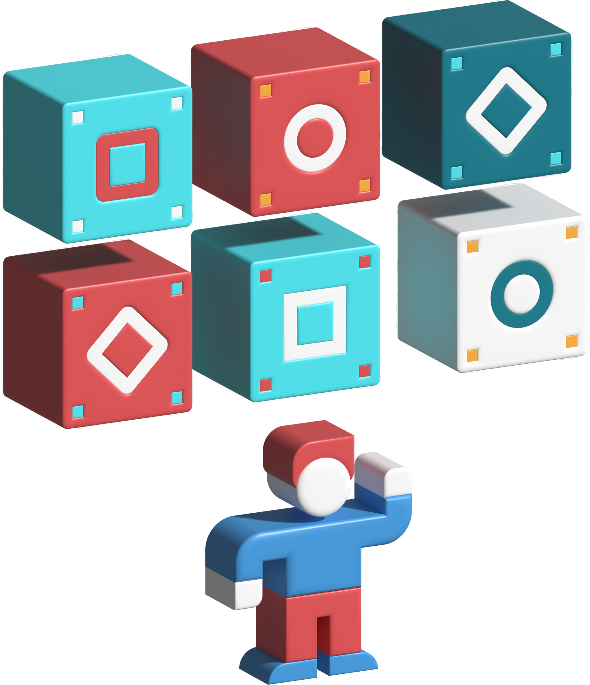 3d cartoon character standing, thinking, under 6 3d blocks with various shapes