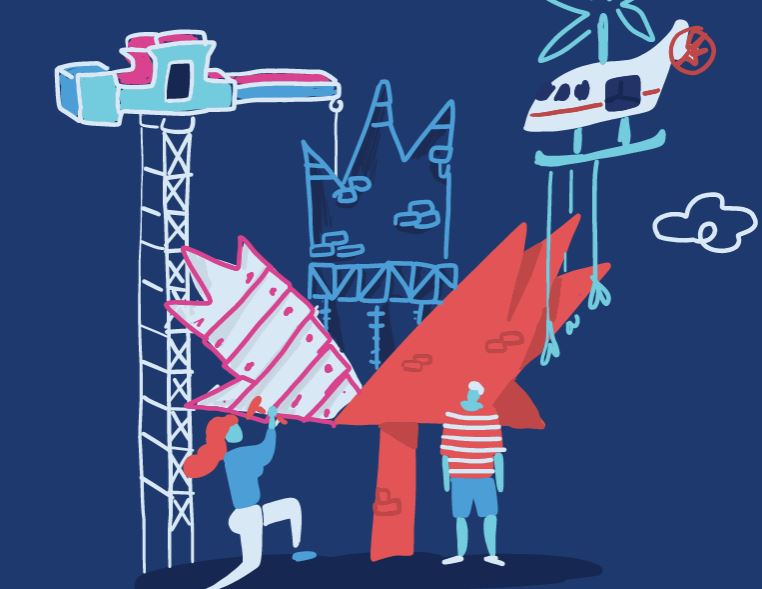 cartoon of two people in front of a maple leaf held up by a crane and helicopter