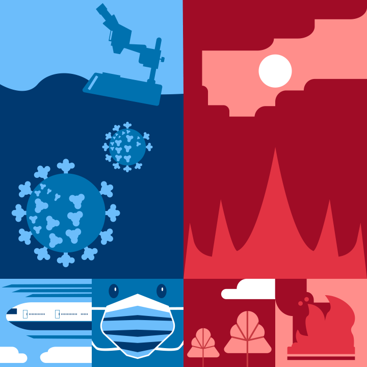 Cartoon Illustration with preventative pandemic measures on the left side and wildfires on the right. 