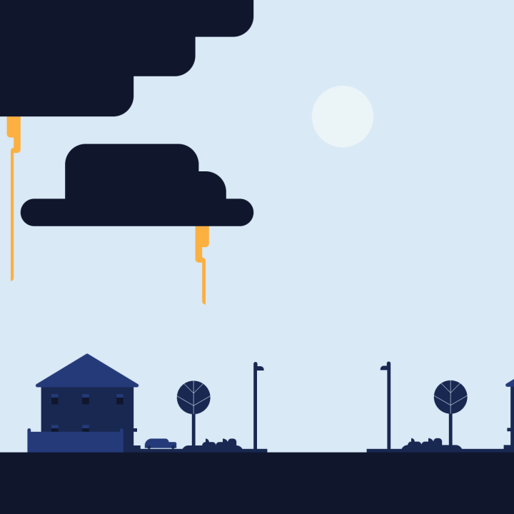 Cartoon illustration of lighting flashing over a residential neighborhood. 