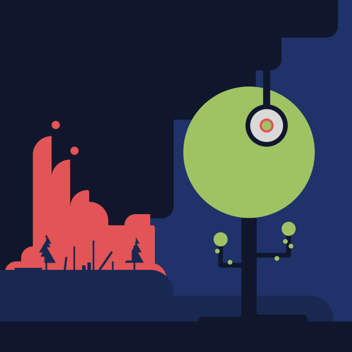Cartoon illustration of forest fire in background while tree in foreground absorbs carbon. 