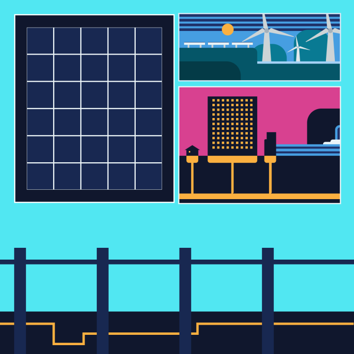Cartoon illustration of various power sources. Dams, windmills, solar panels, and underground power are shown. 
