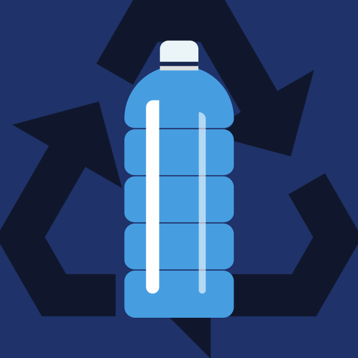 Disposable plastic water bottle with recycling symbol behind it. 