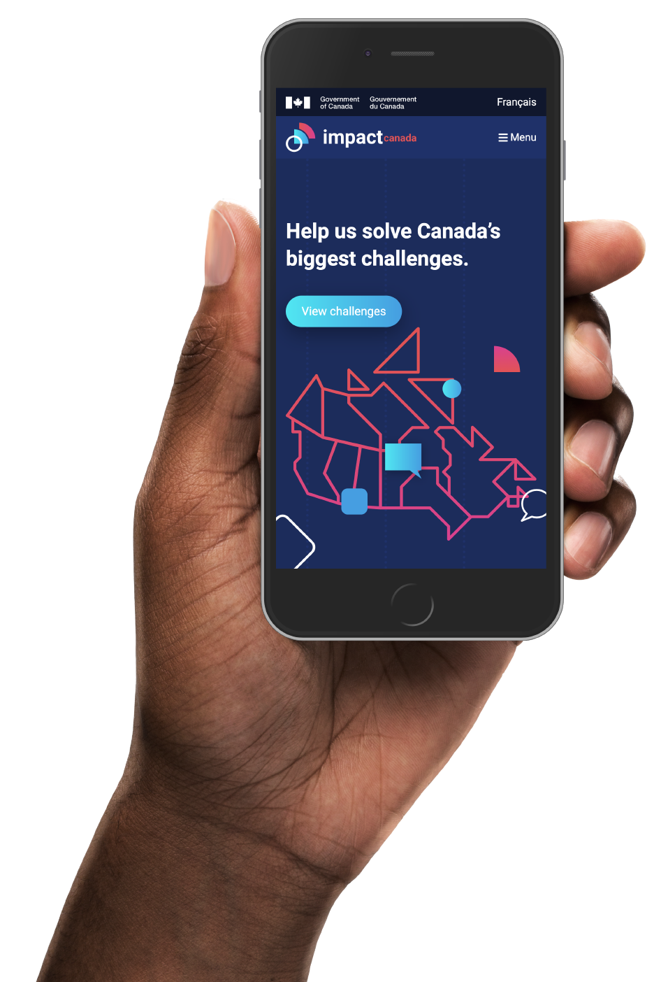 hand holding an iPhone with the Impact Canada Web Platform