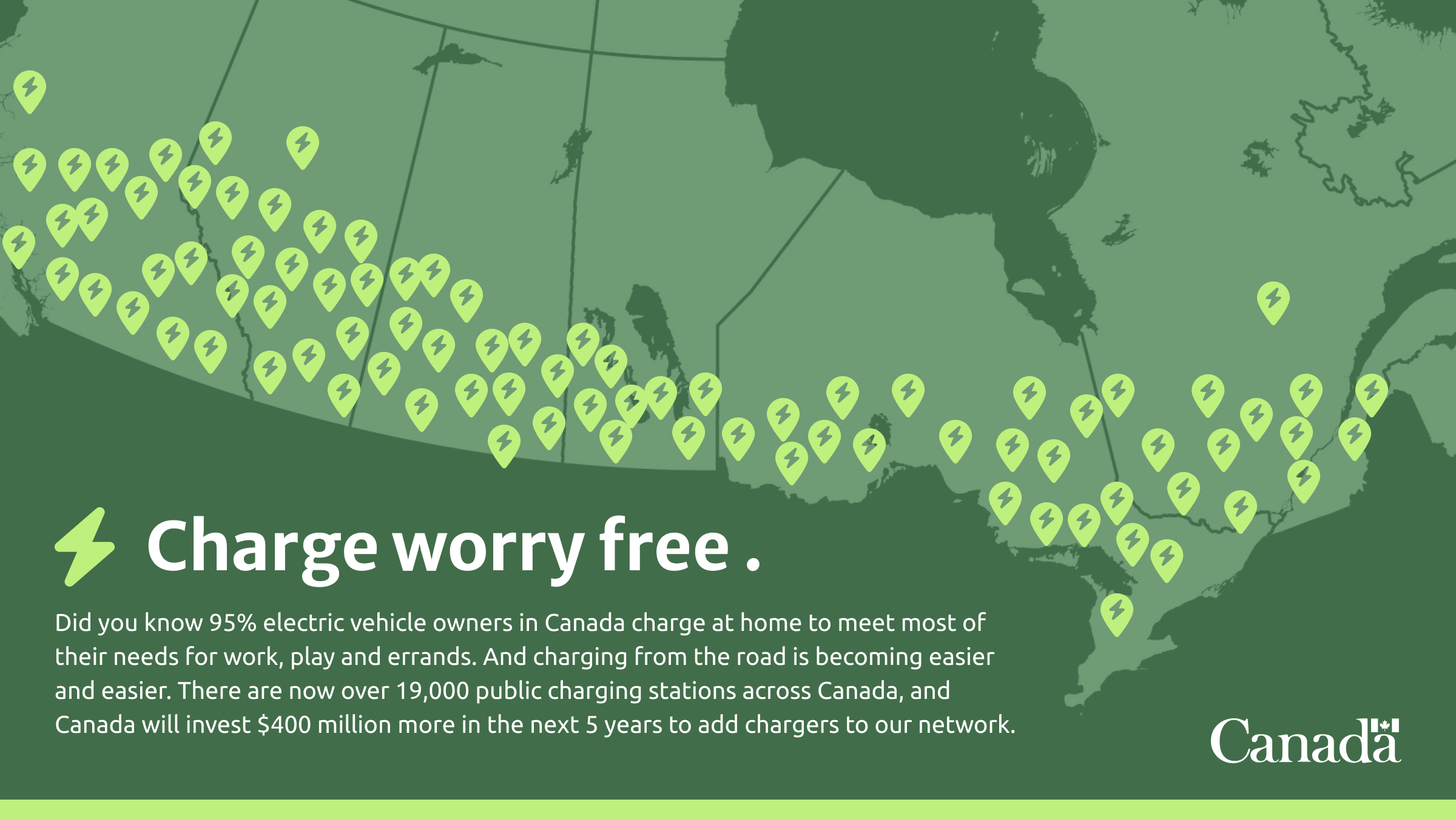 Image of a map with placeholders for charging stations across the country. Text states 'Charge worry free.'