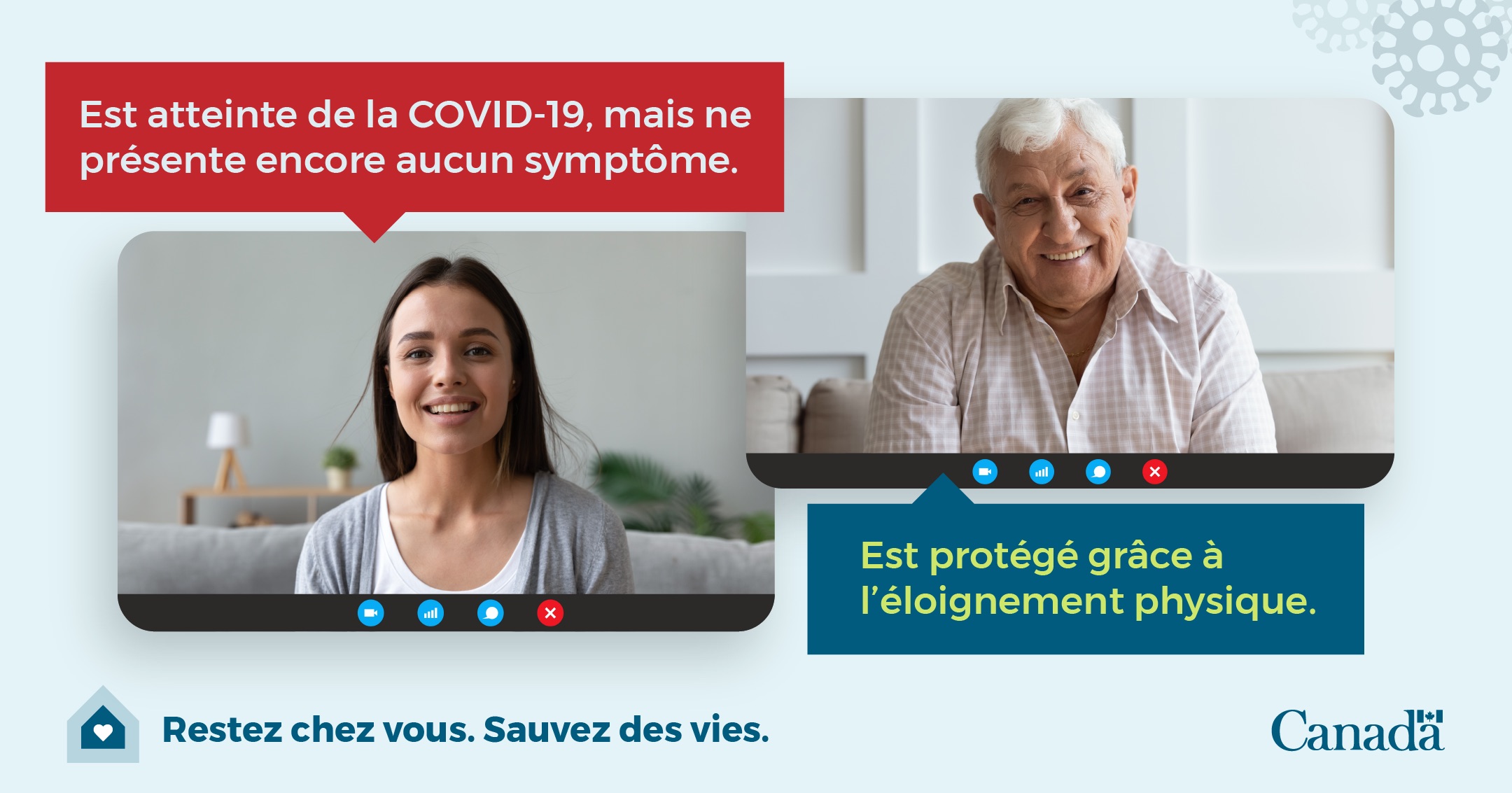 young woman and elderly man video chatting. The woman has covid-19 but isn't showing symptoms yet. The elderly man is protected because of physical distancing.