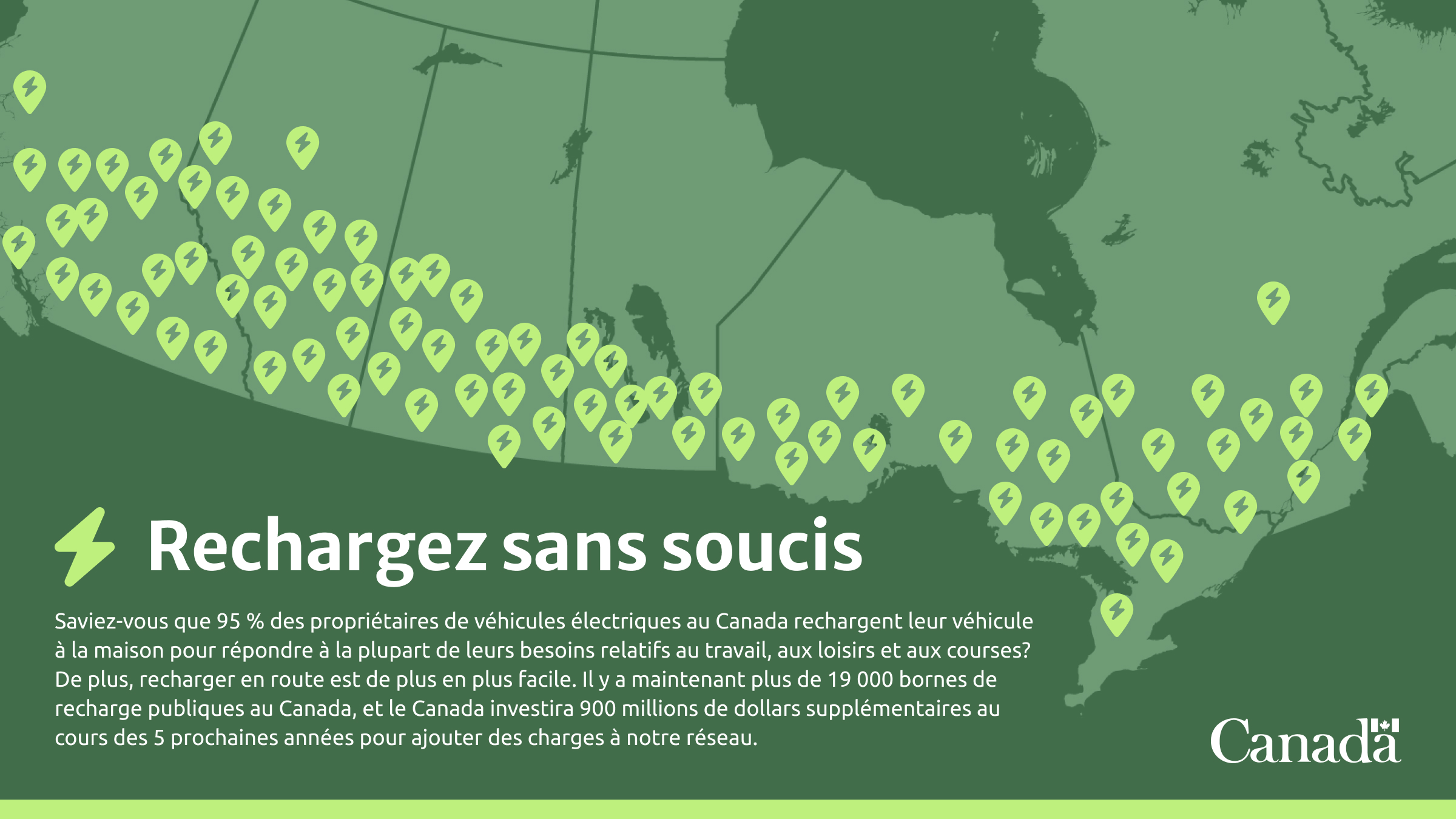 Image d'une carte avec des emplacements pour des stations de recharge dans tout le pays. Le texte indique « Chargez sans souci ».