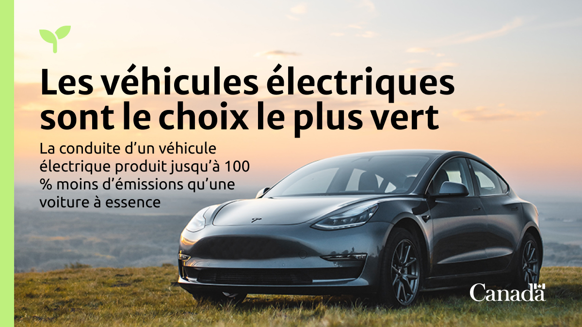 Electric car on a grassy hill. Electric vehicles are the greener option. Driving an electric vehicle produces up to 100% lower emissions than a gas car.