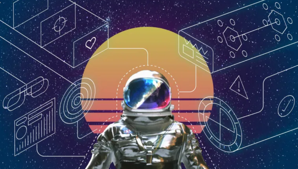 Astronaut with the moon in the background and medical elements floating 