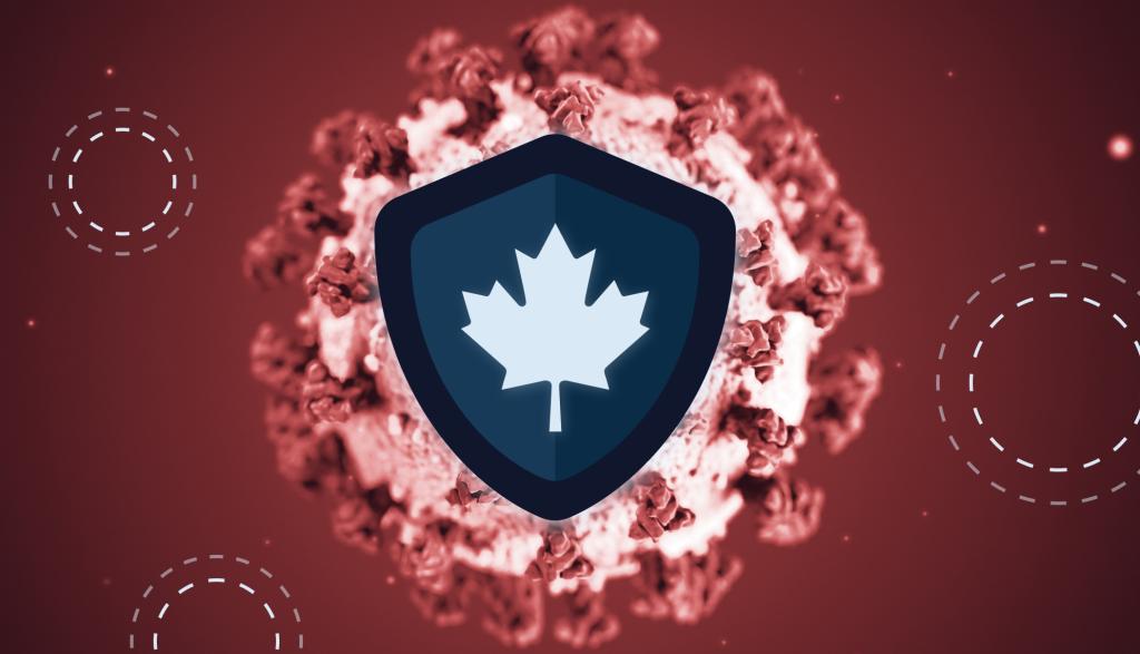 maple leaf on a shield in front of a coronavirus 