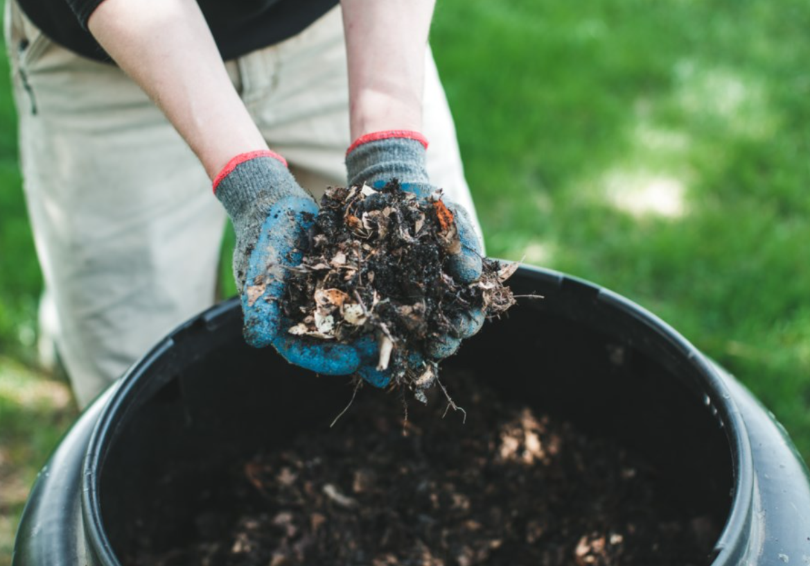 Person picking up compost from a bin 