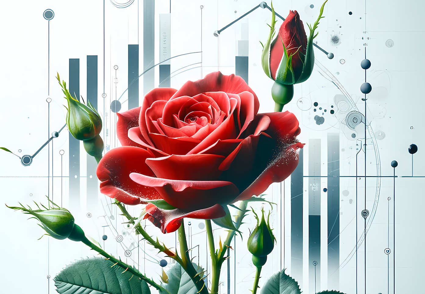 upclose, hyper-surreal styled, vibrant red rose with faded dipictions of various bar charts and abstract data elements in the background