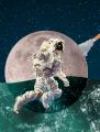 Astronaut soaring in space with the Moon and body of water in the background. A rocket ship is taking off from the Moon and heading towards Mars.