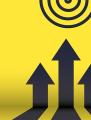Three staggered arrows heading up towards a bulls eye target on a yellow background
